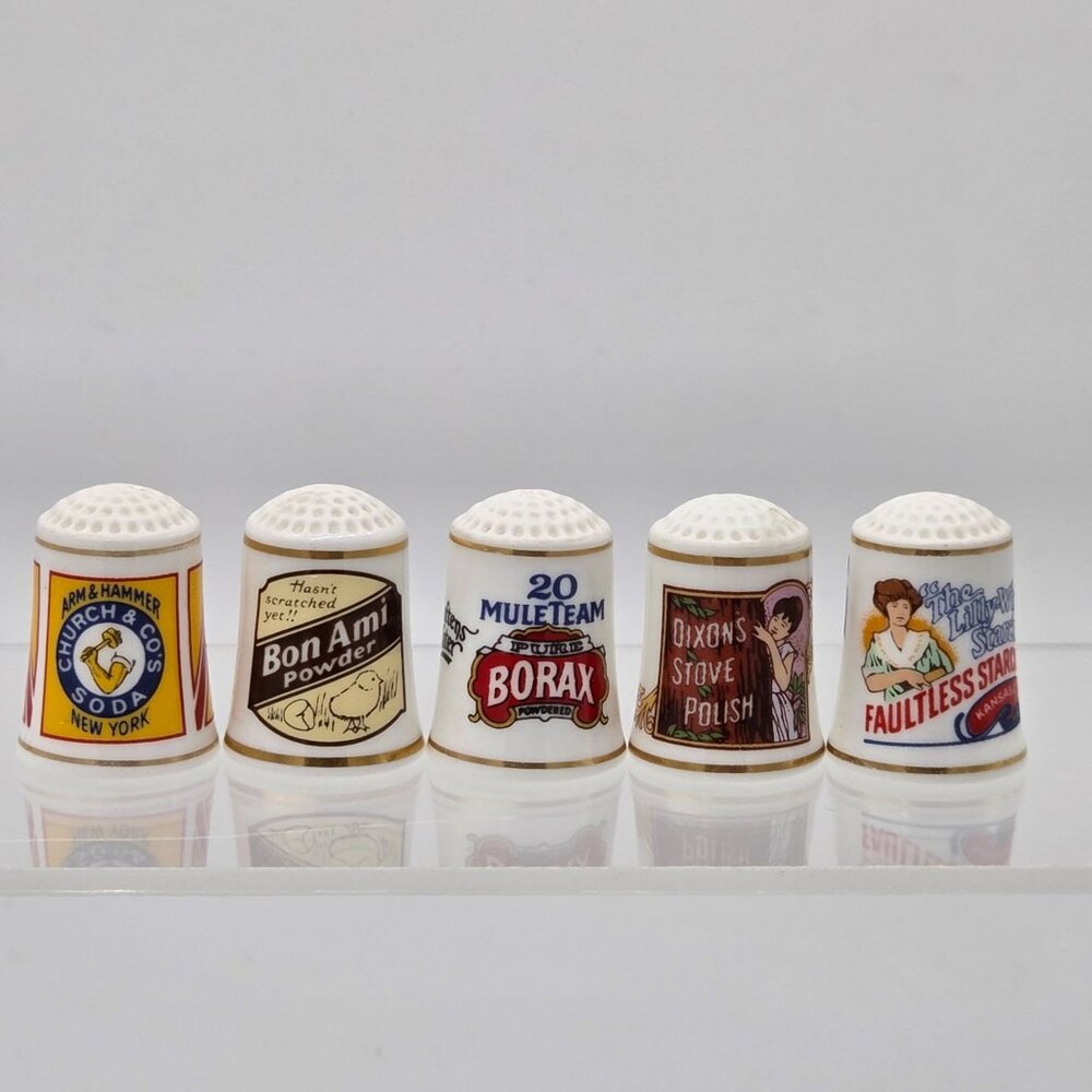 Country Store Advertising Thimbles Set of 25 and Info Cards W/ Wood Display Rack - Picture 6 of 16